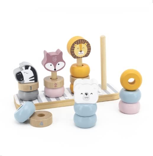 Geometric Wooden Animal Stacker, Stacking & Nesting Educational Stacking Tower with Rings and Animals for Toddlers