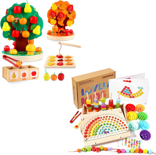 Wooden Peg Board Beads Sequencing Toy Set - Fine Motor Skills Toys,Apple Picking Magnetic Tree Toy