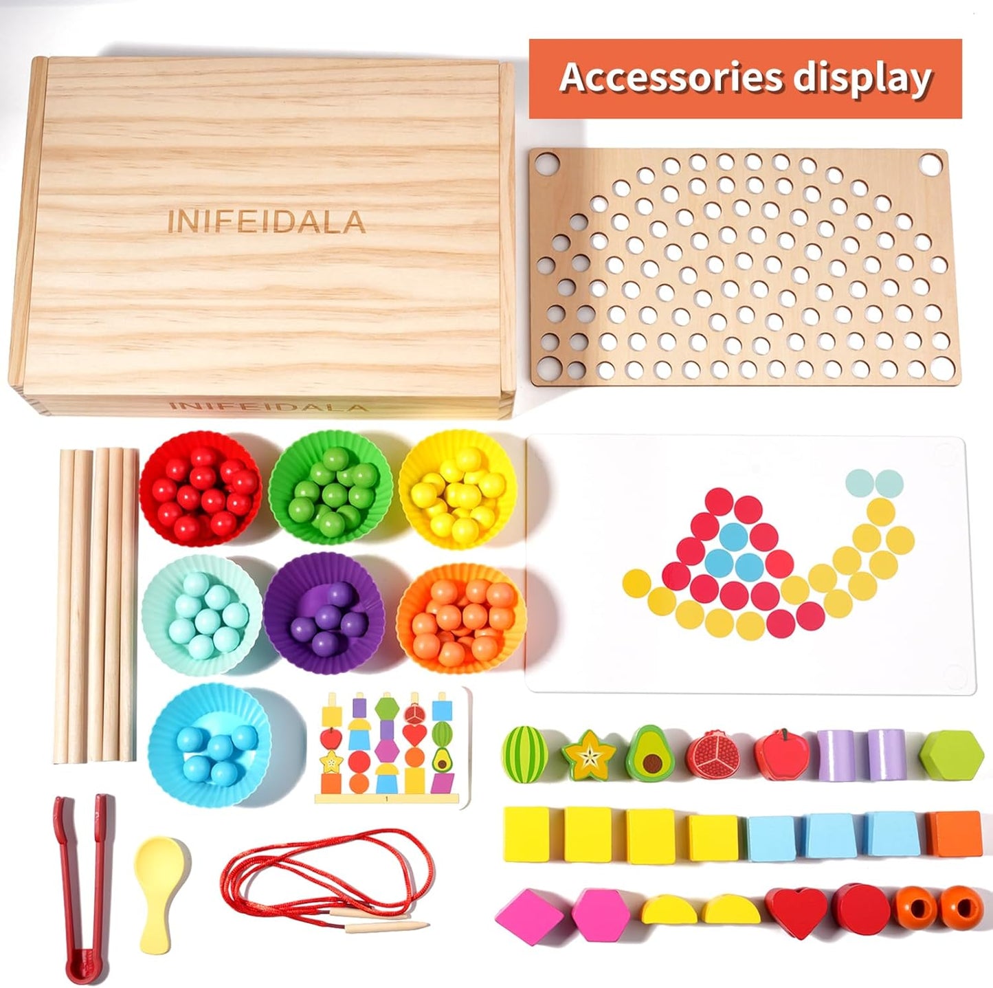 Wooden Peg Board Beads Sequencing Toy Set - Fine Motor Skills Toys,Apple Picking Magnetic Tree Toy