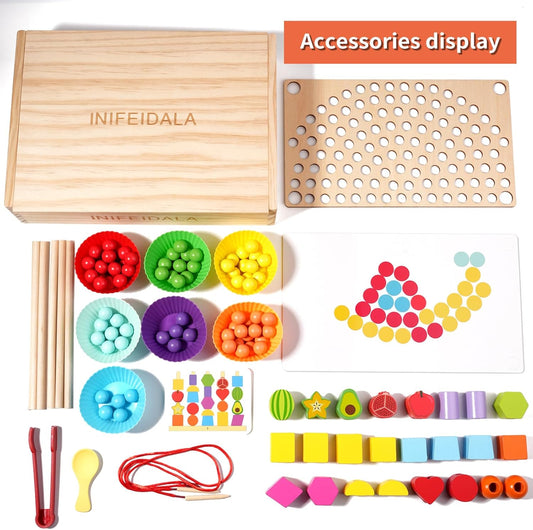 Wooden Peg Board Beads Sequencing Toy Set - Fine Motor Skills Toys,Apple Picking Magnetic Tree Toy