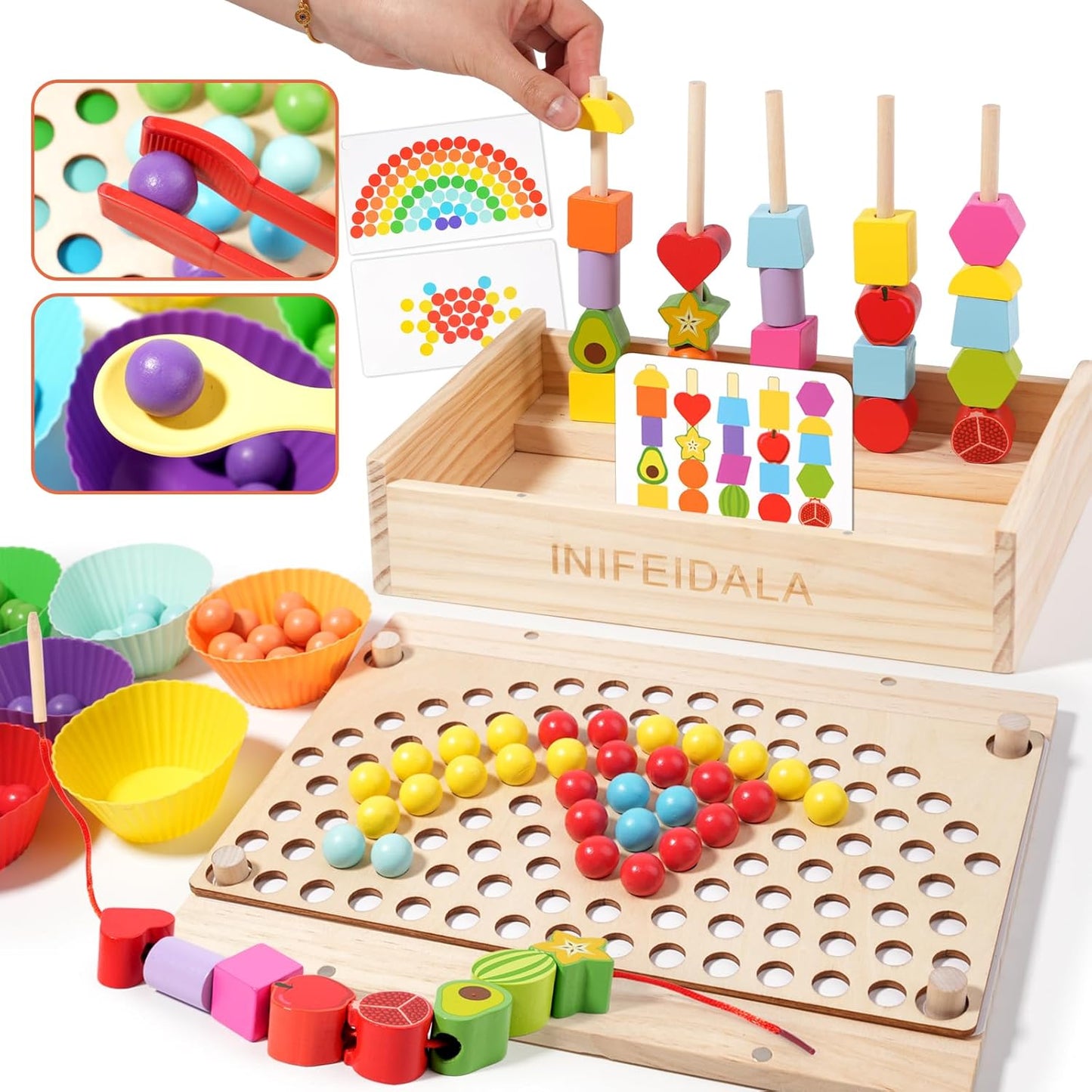 Wooden Peg Board Beads Sequencing Toy Set - Fine Motor Skills Toys,Apple Picking Magnetic Tree Toy