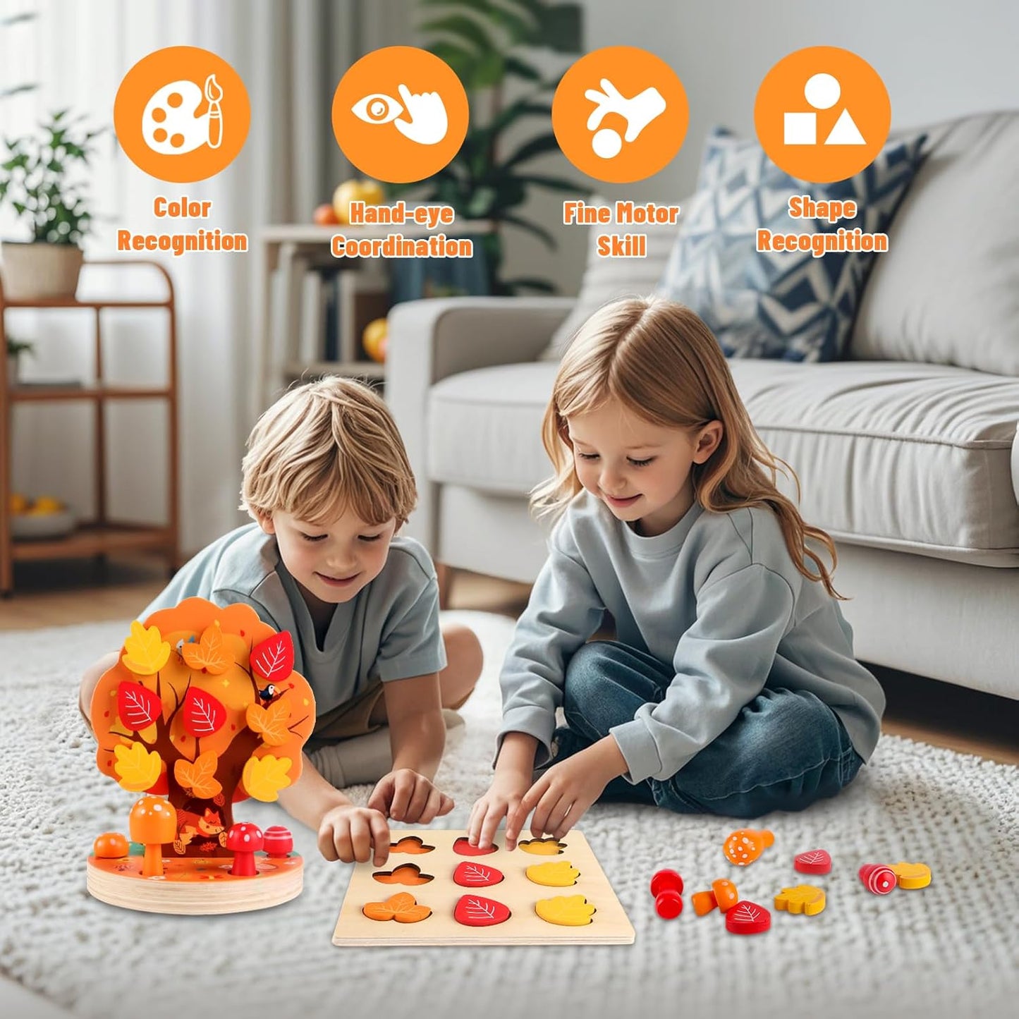 Wooden Peg Board Beads Sequencing Toy Set - Fine Motor Skills Toys,Apple Picking Magnetic Tree Toy