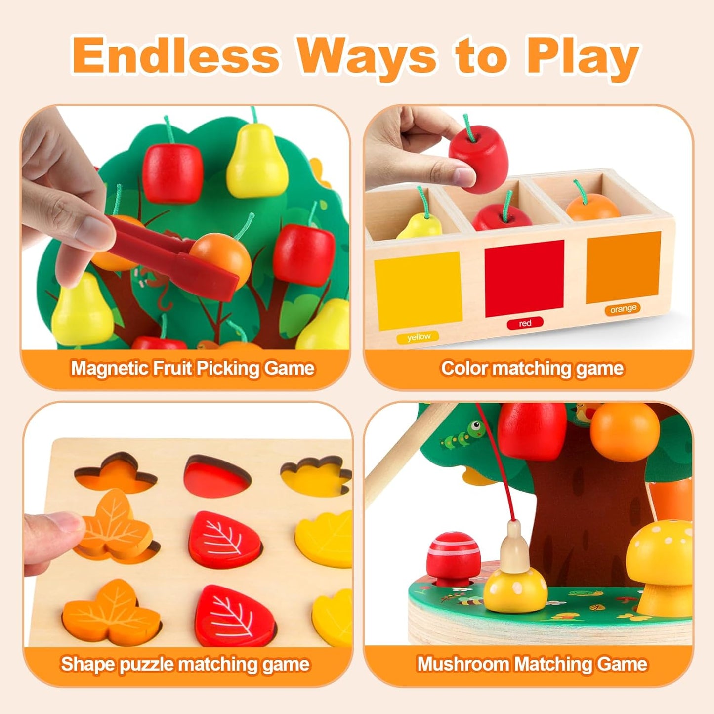 Wooden Peg Board Beads Sequencing Toy Set - Fine Motor Skills Toys,Apple Picking Magnetic Tree Toy