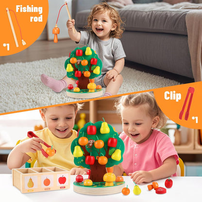 Wooden Peg Board Beads Sequencing Toy Set - Fine Motor Skills Toys,Apple Picking Magnetic Tree Toy