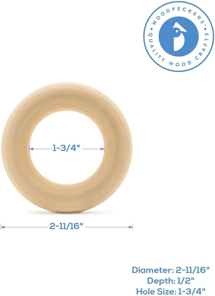 Wood Rings for Crafts 3 Inch, Pack of 5 Unfinished Wooden Rings for Macrame and Jewelry-Making, by Woodpeckers