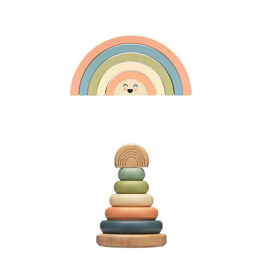 Bundle of Pearhead Wooden Rainbow ArchStacking Toy + Pearhead Wooden Stacking Rainbow Toy, Baby & Toddler - Montessori Toy, Interactive Stackable Rings Learning Toy, Baby Girl or Boy Nursery Accessory