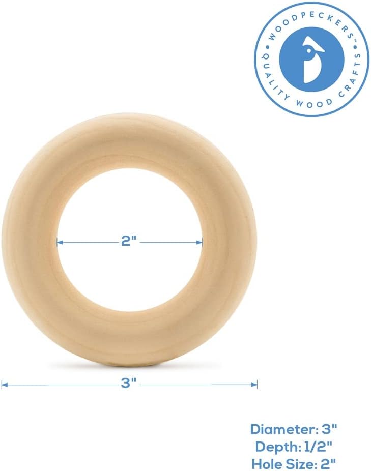 Wood Rings for Crafts 3 Inch, Pack of 5 Unfinished Wooden Rings for Macrame and Jewelry-Making, by Woodpeckers