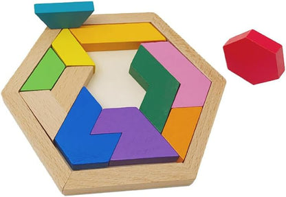 KINGOU Wooden Hexagon Tangram Puzzle Shape Pattern Blocks Brain Teaser Puzzles Challenging Geometry Logic Mind Games Educational Gift for Kids & Adults