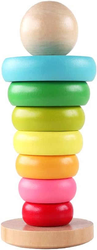 Stacking Rings Toy Wooden Rainbow Stacker Toddler Learning Toys for 18 Months 2 Year Old Baby Boys Girls Non-Toxic