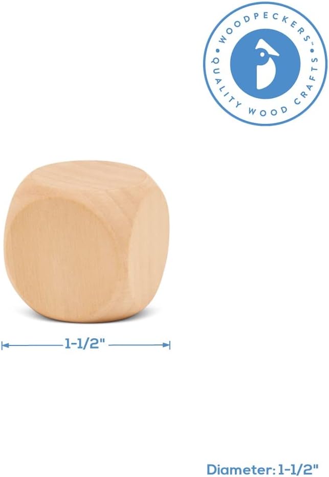 Blank Wooden Dice for Crafting and Games, 1.5 Inch Wood Blocks for Crafts, Pack of 3 Unfinished Small Wooden Blocks for Crafts, Small Wooden Cubes for Games & Party Decor, by Woodpeckers