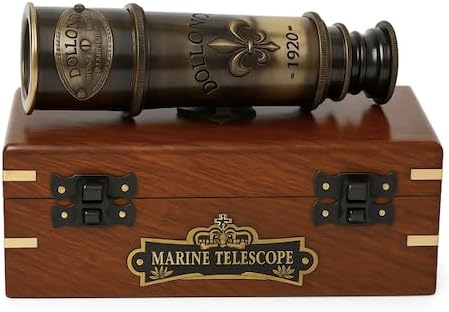 1920 Marine Telescope - Vintage Brass Spyglass with Wooden Box | 15” Antique Nautical Telescope - Pirate & Explorer Collectible | Handheld Monocular for Bird Watching, Sailing & Décor