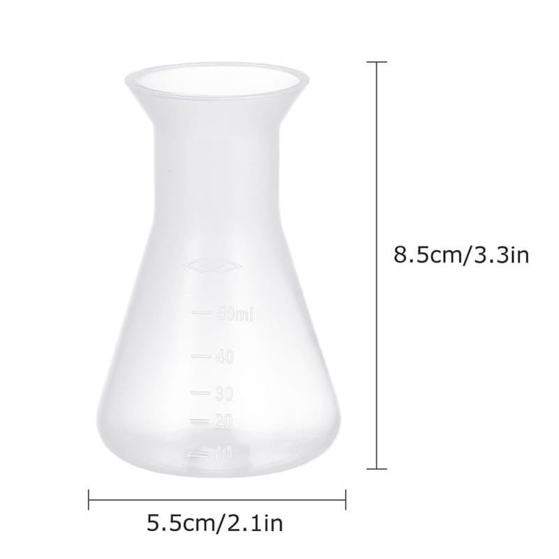 ULTECHNOVO 18 Pcs 50Ml Plastic Conical Flasks Set Graduated Transparent Polypropylene Erlenmeyer Flasks with Cover for School Science Experiments and Laboratory Use Stable Base Design
