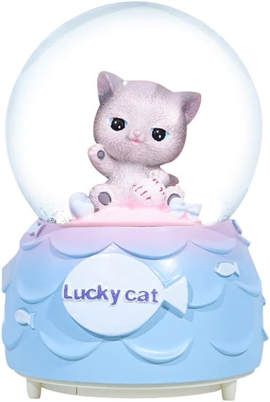Lucky Cat Musical Snow Globe for Kids, 80MM Animal Resin/Glass Snow Globe with Color Changed Lights for Home Decor & Shelf Decorations (A#)