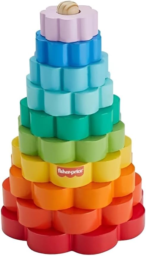 Fisher-Price Wood Toddler Toy Ring Stacker, 10-Piece Wooden Stacking Activity for Fine Motor Skills Play Kids Ages 18+ Months