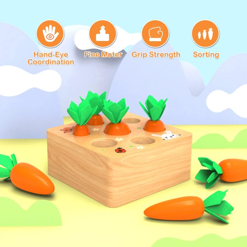 Wdmiya Montessoritoys for 1 Year Old, Wooden Toys Developmental Shape Sorting & Matching Puzzle Carrots Harvest Game, Birthday Gifts for Toddlers Babies Boys and Girls 6-12 Months Christmas