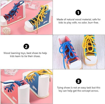 Mikily's Learn to Tie Shoes for Kids - Wooden Lacing Toy Shoe Tying & Practice Kit - Knot Tying Tool, Pick&blue
