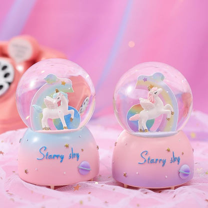 Unicorn Music Snowball, 80MM Snow Globes for Girls Music Box, with LED Rainbow Snow Lights, Birthday, Christmas, Ideal Gift for Girls (Pink&Blue)