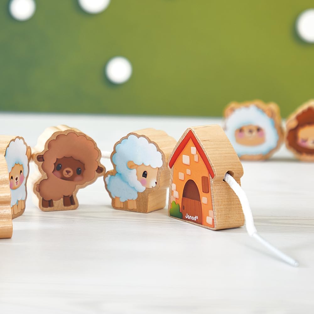 Janod - Stringable Farm-Themed Wooden Beads Set 11 Pieces - Designing Custom Jewelry - Imagination Development - Boosts Creativity and Motor Skills - Encourages Imaginative Play