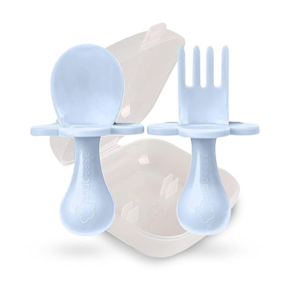 Grabease Baby Feeding Utensils - Anti-Choke Collar & Toddler Fork for Ages 1-3 - Easy-Grip Curved Handle Infant Spoon - Dishwasher-Safe Convenience & Baby Cutlery - Teal