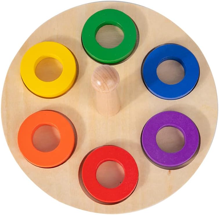 Adena Montessori Wooden Stacking and Sorting Ring,Wooden Rings on Peg,Colorful 5 Shapes on Curved Peg Horizontal Dowel Variation,Fine Motor Skills Development Toys for 1 2 3 Years Old Toddlers