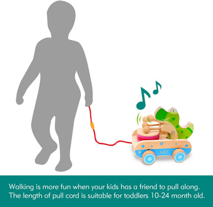 Baby Gift Wooden Toddler Pull Toy, Crocodile Drum Tapping Children's Toy, Baby dragging and Learning to Walk, Rope Traction Rope Crawling for Toddlers Ages 1+