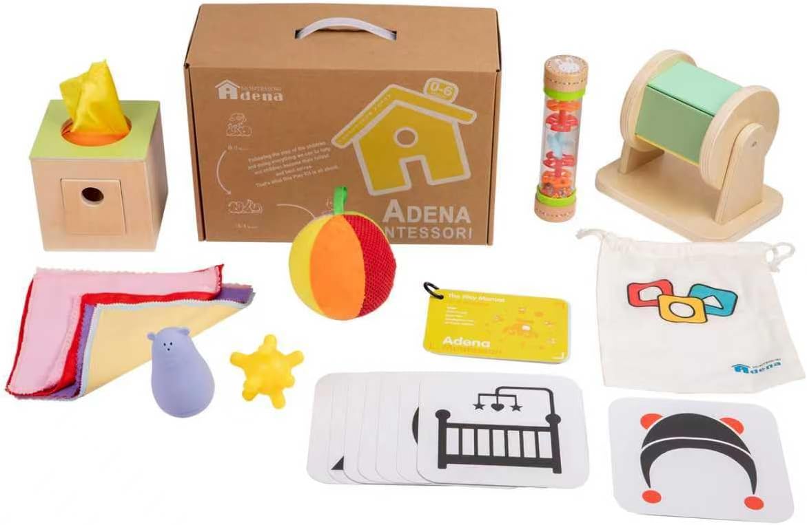Adena Montessori Play Kit for 13-18 Month Baby,8 in 1 Toy,Colorful Stacking&Nesting Cup,Coin Bank,Coins,Carrots Lid,Carrots,Posting Lid,Flexble Stacker,Bead Kit,Shape Puzzle,Pound&Tap Hammer Bench