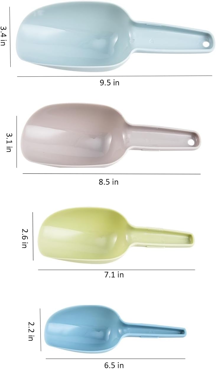 Set of 4 Plastic Ice Scoops, Kitchen Multipurpose Food Scoops for Canisters, Freezer, Flour, Dry Foods, Coffee Beans, Pop Corn, Pet Food (Mix 4 (Set of 4), 150ml, BPA-Free, Dishwasher Safe)