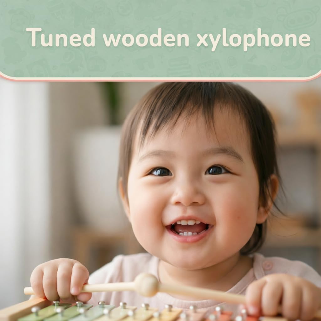 Stoie's Wooden Toddler Musical Instruments with Drum, Hand Bells, Flute, Maracas, Castanet, Tamburine, for Babies and Kids, Eco Friendly Montessori Educational Toy