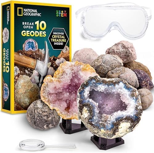 National Geographic Break Open 4 Geodes Science Kit – Includes Goggles and Display Stand - STEM Science Gift for Boys and Girls, Break Your Own Geodes with Crystals (Amazon Exclusive)