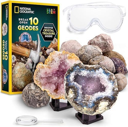 National Geographic Break Open 4 Geodes Science Kit – Includes Goggles and Display Stand - STEM Science Gift for Boys and Girls, Break Your Own Geodes with Crystals (Amazon Exclusive)