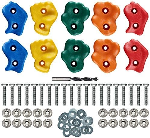 22 Assorted Deluxe Rock Climbing Holds for Kids - Outdoor Climbing Stones Kit with 44 Swing Safe Fasteners + Drill Bit Easy to Install on Lumber from 3/4" to 1.25" Thick