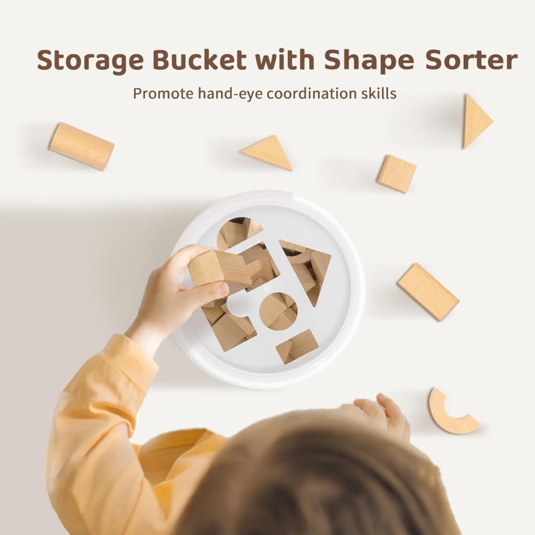 Pidoko Kids 100pcs Natural Beech Wood Building Blocks for Toddlers 1-3, Wooden Blocks with Storage Bucket and Shape Sorter Lid Montessori Toys for 1 2 3 Year Old Boys and Girls, Preschool Learning