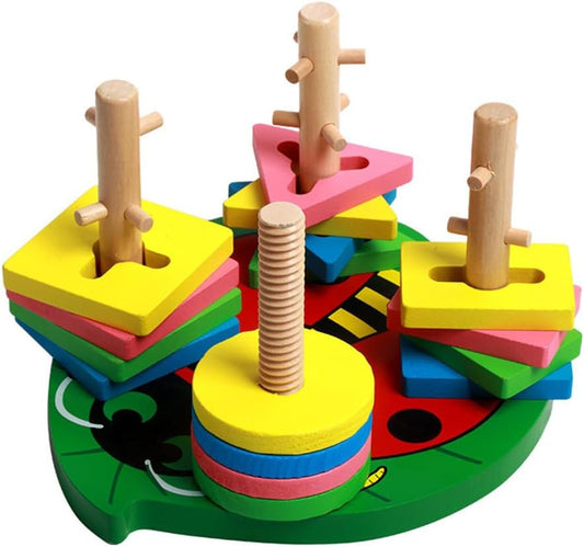 Montessori 4-Pillar Beetle Stacking Blocks, Wooden Shape & Color Recognition Toy