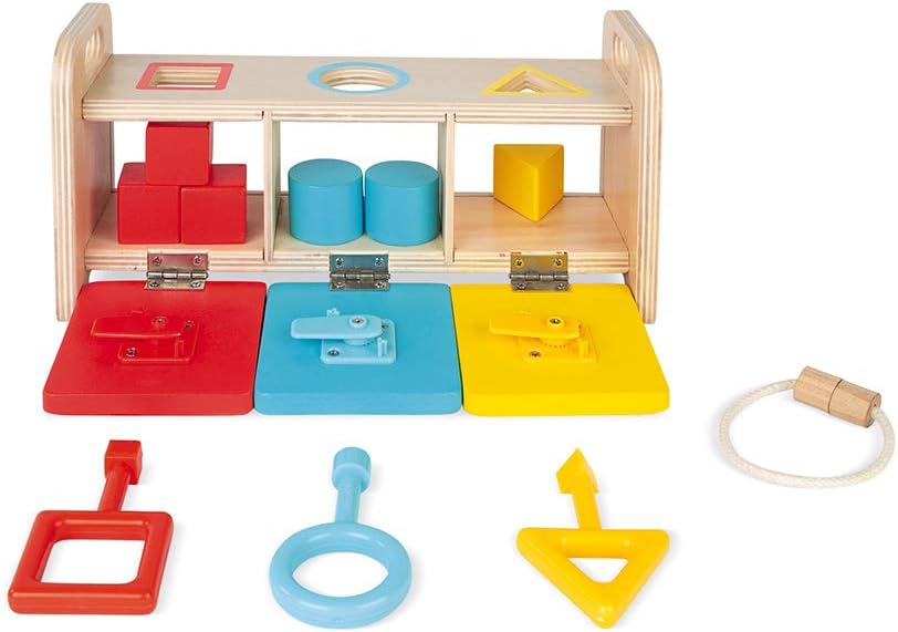 Janod Shape Sorter Box with Keys – Wooden Sorting Toy with Geometric Shapes – Ages 18+ Months- J05065