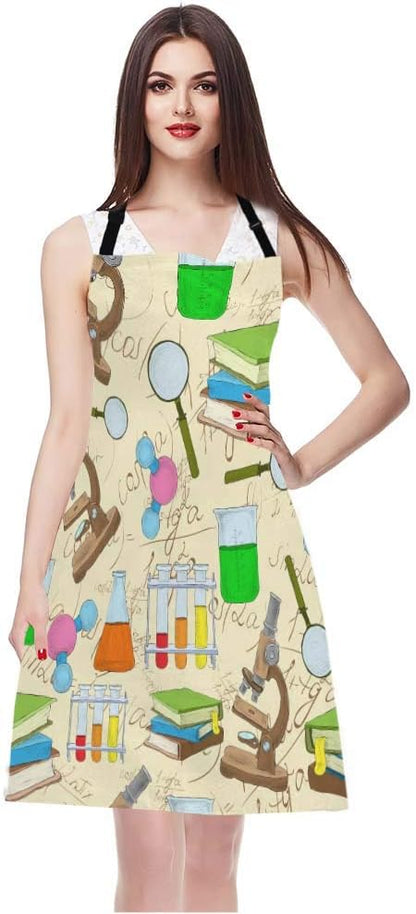 WONDERTIFY Science Education Sketch Apron,Laboratory Chemistry Book Equation Loupe Beaker Flask Glass Bib Apron with Adjustable Neck for Men Women,Suitable for Kitchen Cooking Chef Grill Bistro Apron