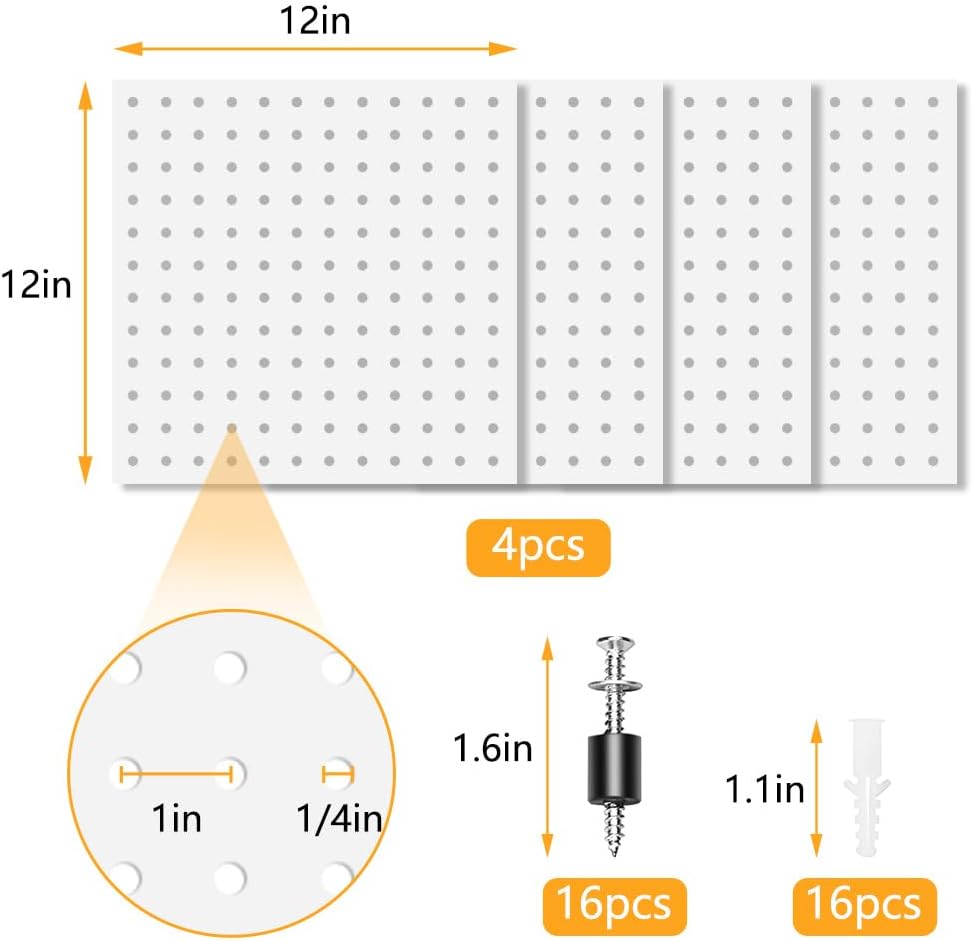 16pcs Pegboard sets, Plastic White Peg board Wall Organizer Kits,4pcs Peg Board and 12 Accessories Modular Hanging, Wall Mount Display Pegboard Panel Sets for Home Office Garage Kitchen Workshop