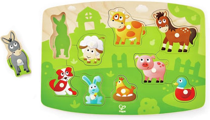Hape Construction Peg Puzzle| 10 Piece Wooden Peg Jigsaw Puzzle Game, Learning Toy for Toddlers