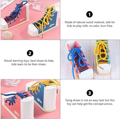 Learn to Tie Shoes for Kids with Wooden Lacing Shoe Tying Kids Shoe Tying Practice Kit with Wooden Toys Blue