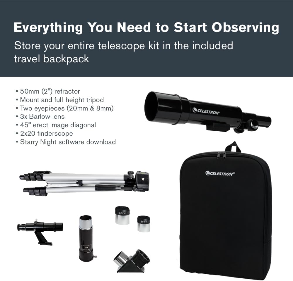 Celestron Travel Scope 70 Portable Refractor Telescope – 70mm Aperture, Fully-Coated Glass Optics – Includes Tripod, Backpack & Software – Ideal for Beginners & Travel