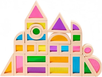 Rainbow Sensory Toys Blocks,15 Pcs Large Wooden Building Blocks for Toddlers Baby Kids,Colorful Geometric Stacking Toys, Preschool Educational Toy Set