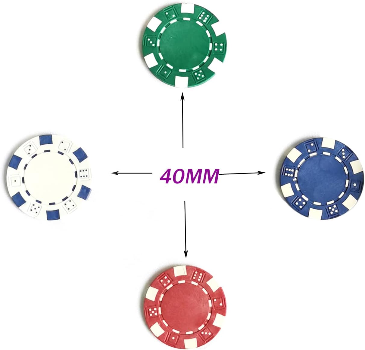 SEETOOOGAMES 100 Pieces 11.5g Clay Composite Dice Striped Casino Poker Chips- 4 Colors (red, Green, White and Blue)