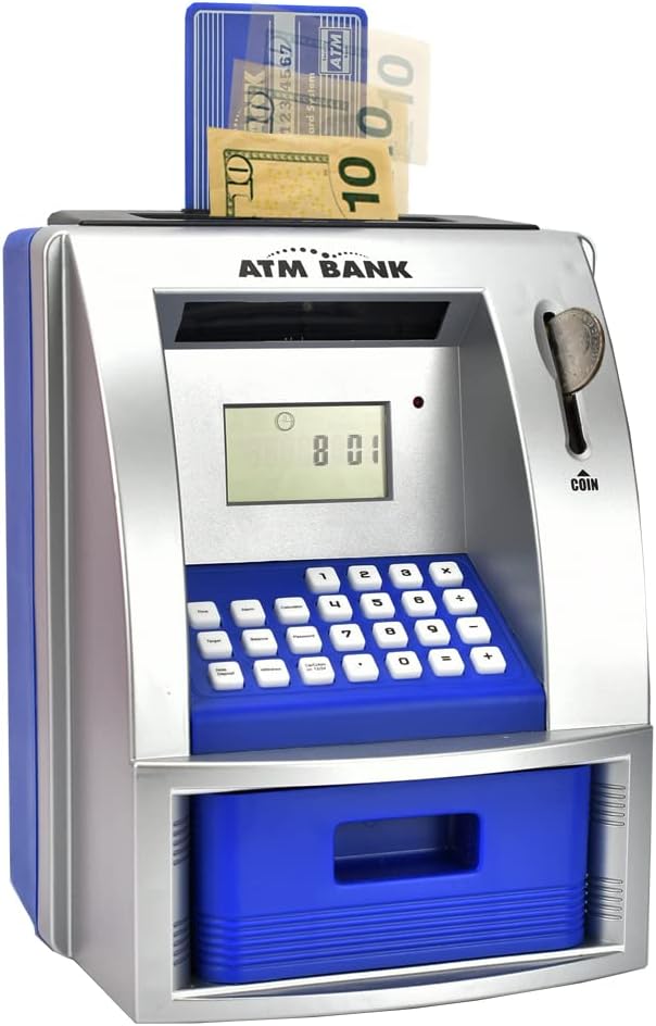 Electronic Piggy Bank with Password for Kids for 6-12 Year Old Boys and Girls - Toy Counting Money Bank - Fun Birthday Present - ATM Piggy Bank for Real Money (Black/Silver)