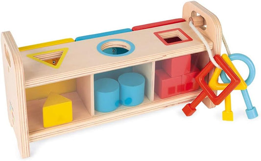 Janod Shape Sorter Box with Keys – Wooden Sorting Toy with Geometric Shapes – Ages 18+ Months- J05065