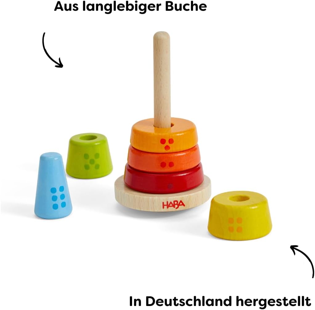 HABA Multi-coloured stacking tower - motor skills toy with colourful stacking rings - Wooden toy for babies - Made in Germany - from 12 months - 2010995001