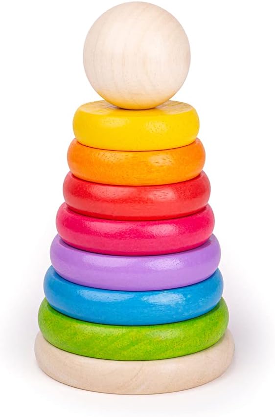 Bigjigs Toys, My First Rainbow Wooden Stacking Toy, Baby Toddler Toys, Colourful Ring Stacker, for 1 Year Olds