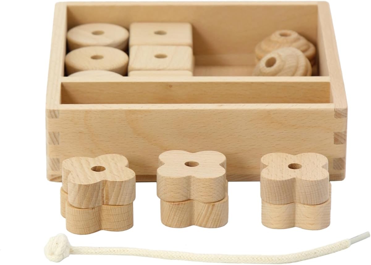 Kiddison Lacing Bead 27 Large Wooden Beads 1 Lace for Toddlers 2-4 – Large Wooden Threading & Stringing Toy with Tray – Fine Motor Skills Activity for Preschool & Occupational Therapy