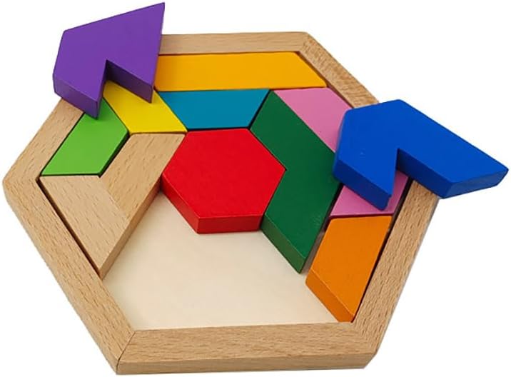 KINGOU Wooden Hexagon Tangram Puzzle Shape Pattern Blocks Brain Teaser Puzzles Challenging Geometry Logic Mind Games Educational Gift for Kids & Adults