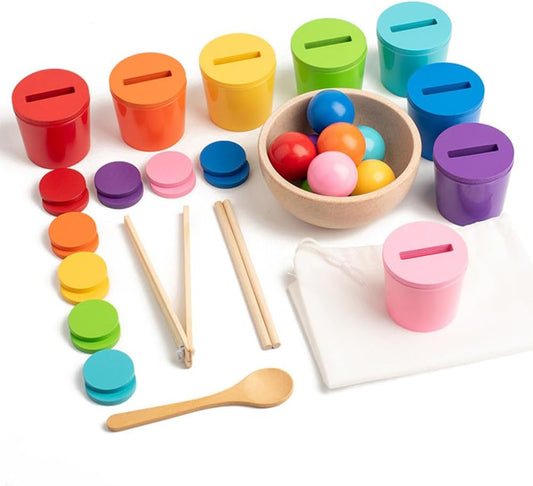 Montessori Color Sorting Cup & Ball Set, Coin Box Matching Game, Fine Motor Skills Toy