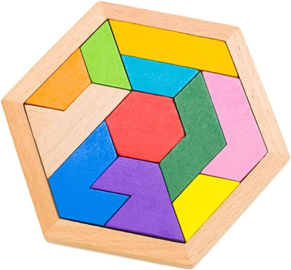 KINGOU Wooden Hexagon Tangram Puzzle Shape Pattern Blocks Brain Teaser Puzzles Challenging Geometry Logic Mind Games Educational Gift for Kids & Adults