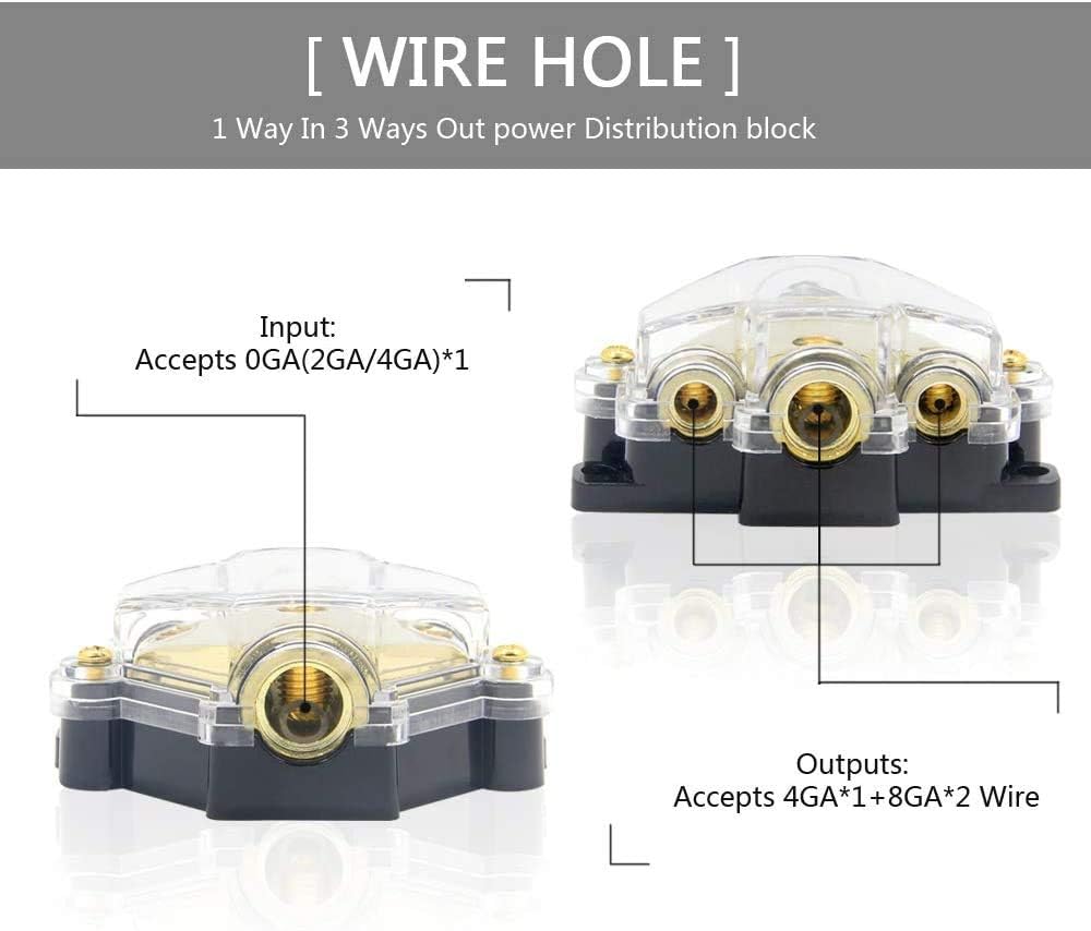 3 Way Power Distribution Block, 0/2/4 AWG Gauge in, 4/8/10 Gauge Out, Car Audio Stereo Amp Distribution Connecting Block for Audio Splitter (1x0GA+3x4GA) 2 Pack